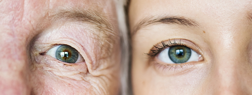 Close-up of an elder woman and younger girl's eyes