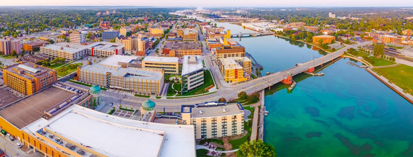 Panoramic aerial view of downtown Green Bay, Wisconsin and the Fox River